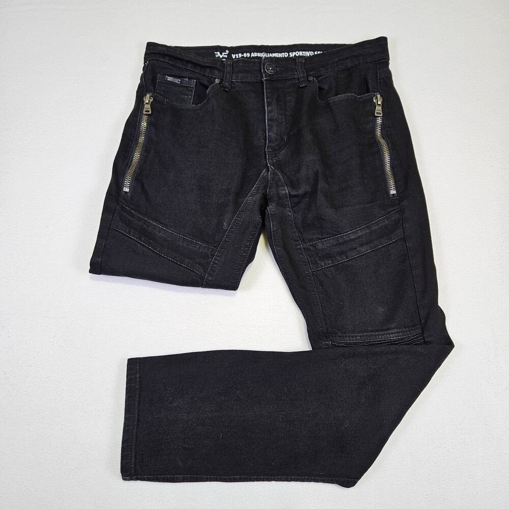 V19.69 Italia Mens 34x28 Moto Jeans Black Biker Slim Zipper Pocket Utility Denim